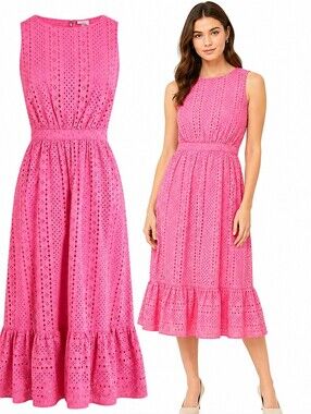 J.Crew Pink Eyelet Midi Dress Size 6 Cotton Sleeveless Tiered Hem NWOT